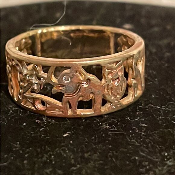 Size 6.25 18k open scrollwork gold plated Lucky charm elephant #7 owl horse ring - Picture 1 of 13